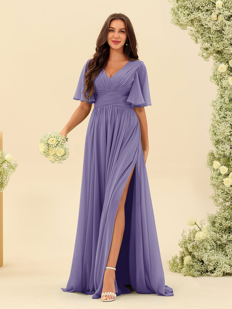 V-Neck A-Line Chiffon Bridesmaid Dress with Half Sleeves, Side Split, and Pockets
