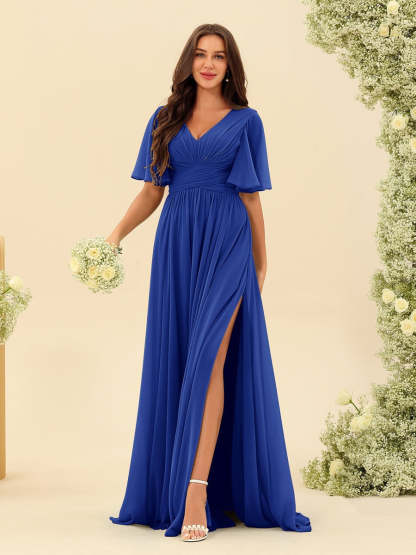 V-Neck A-Line Chiffon Bridesmaid Dress with Half Sleeves, Side Split, and Pockets