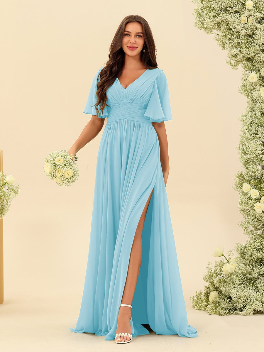 V-Neck A-Line Chiffon Bridesmaid Dress with Half Sleeves, Side Split, and Pockets