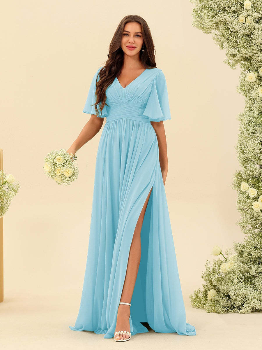 V-Neck A-Line Chiffon Bridesmaid Dress with Half Sleeves, Side Split, and Pockets
