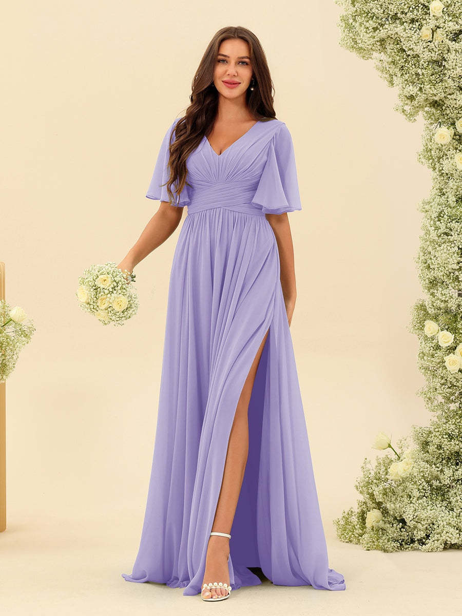 V-Neck A-Line Chiffon Bridesmaid Dress with Half Sleeves, Side Split, and Pockets
