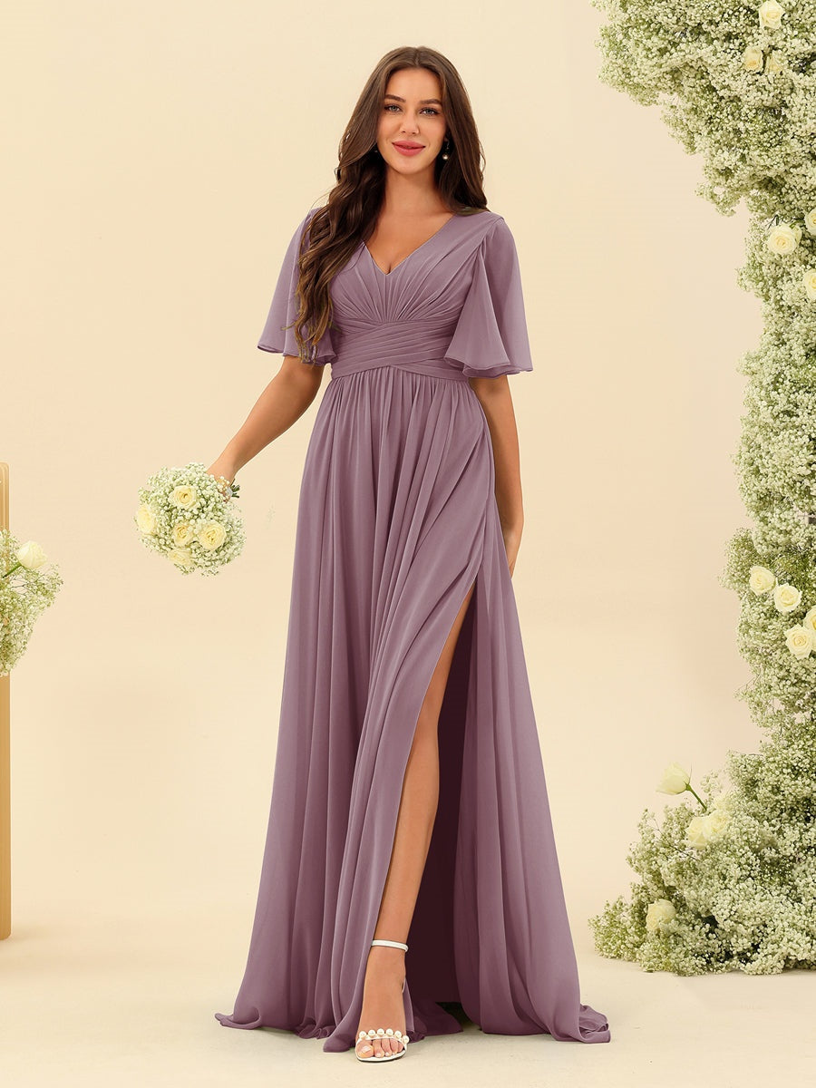 V-Neck A-Line Chiffon Bridesmaid Dress with Half Sleeves, Side Split, and Pockets