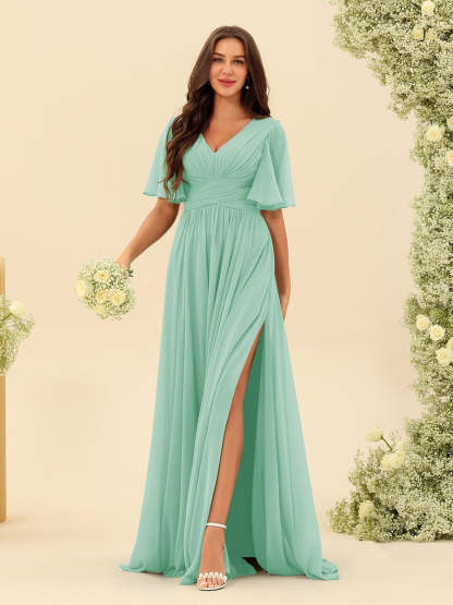 V-Neck A-Line Chiffon Bridesmaid Dress with Half Sleeves, Side Split, and Pockets