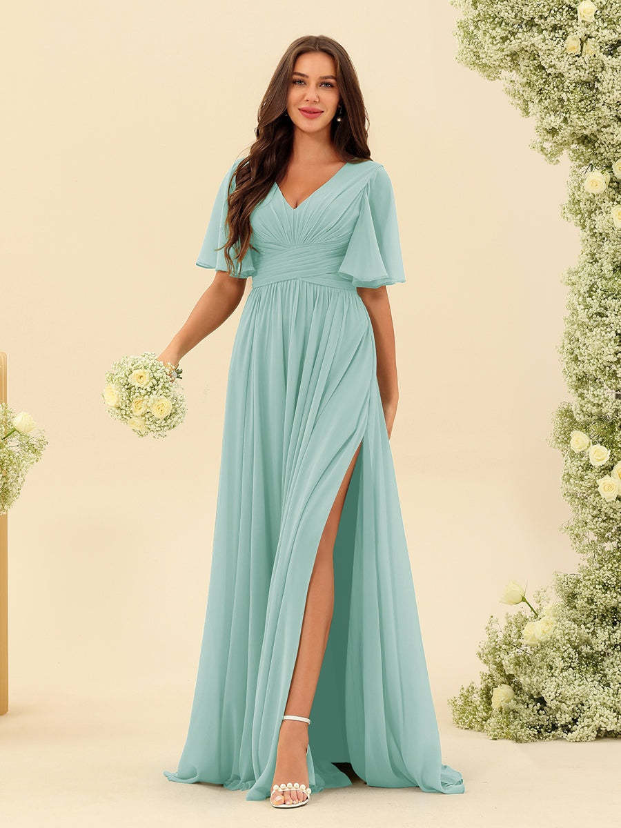 V-Neck A-Line Chiffon Bridesmaid Dress with Half Sleeves, Side Split, and Pockets