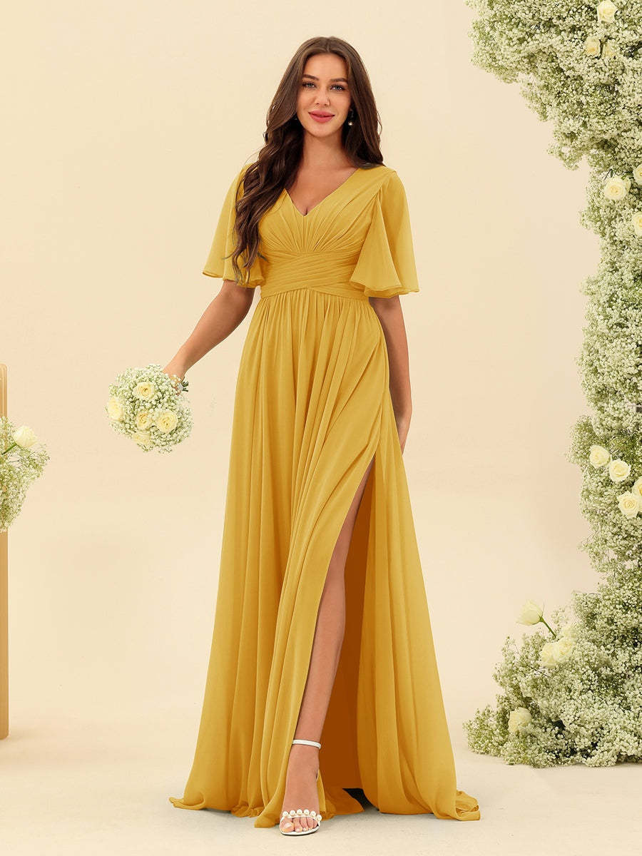V-Neck A-Line Chiffon Bridesmaid Dress with Half Sleeves, Side Split, and Pockets
