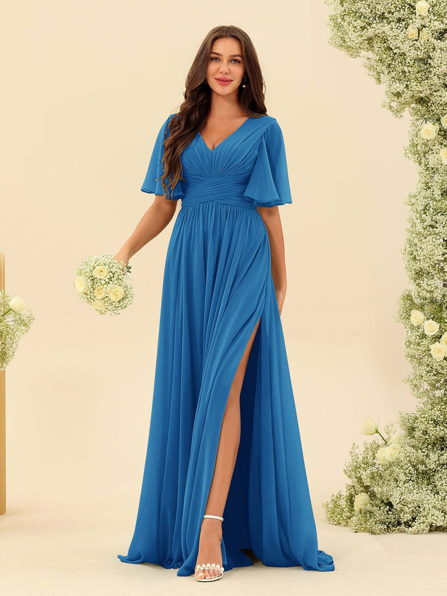V-Neck A-Line Chiffon Bridesmaid Dress with Half Sleeves, Side Split, and Pockets