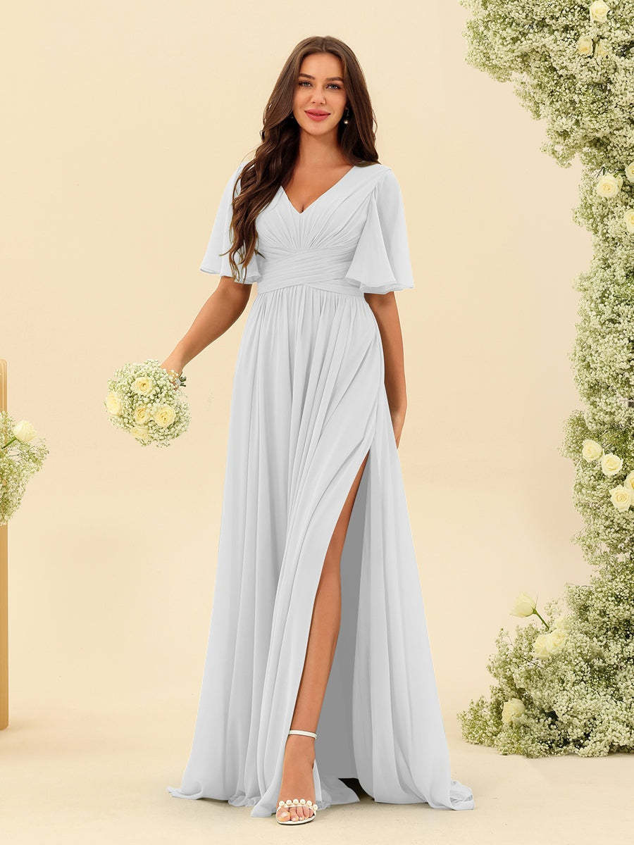 V-Neck A-Line Chiffon Bridesmaid Dress with Half Sleeves, Side Split, and Pockets