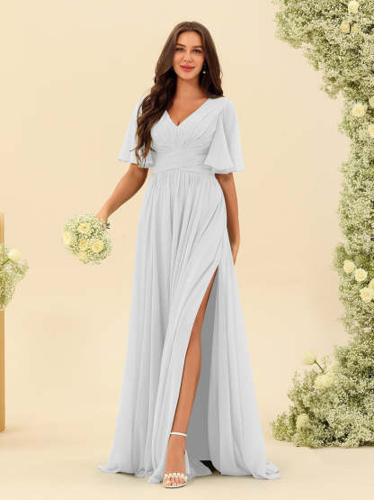 V-Neck A-Line Chiffon Bridesmaid Dress with Half Sleeves, Side Split, and Pockets