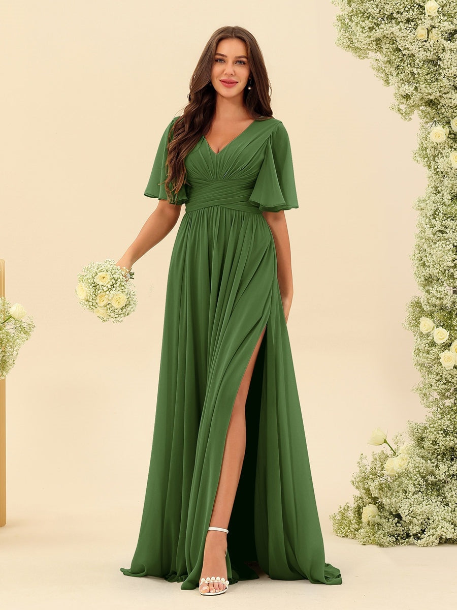 V-Neck A-Line Chiffon Bridesmaid Dress with Half Sleeves, Side Split, and Pockets