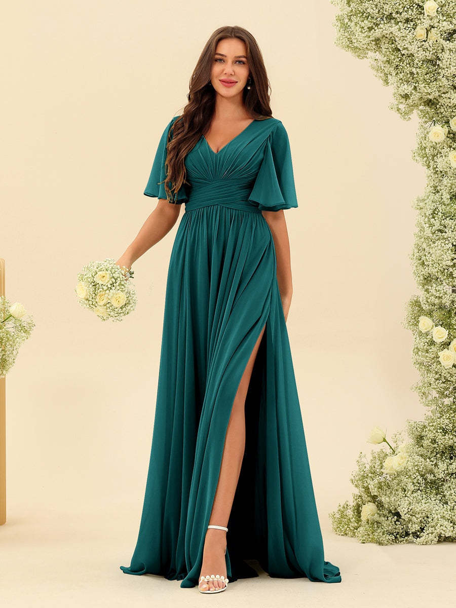 V-Neck A-Line Chiffon Bridesmaid Dress with Half Sleeves, Side Split, and Pockets