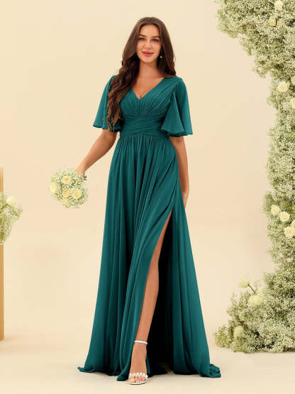 V-Neck A-Line Chiffon Bridesmaid Dress with Half Sleeves, Side Split, and Pockets