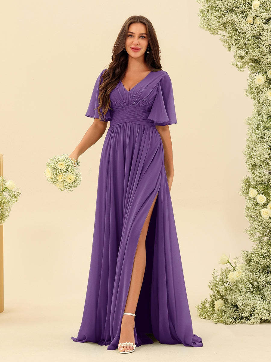 V-Neck A-Line Chiffon Bridesmaid Dress with Half Sleeves, Side Split, and Pockets