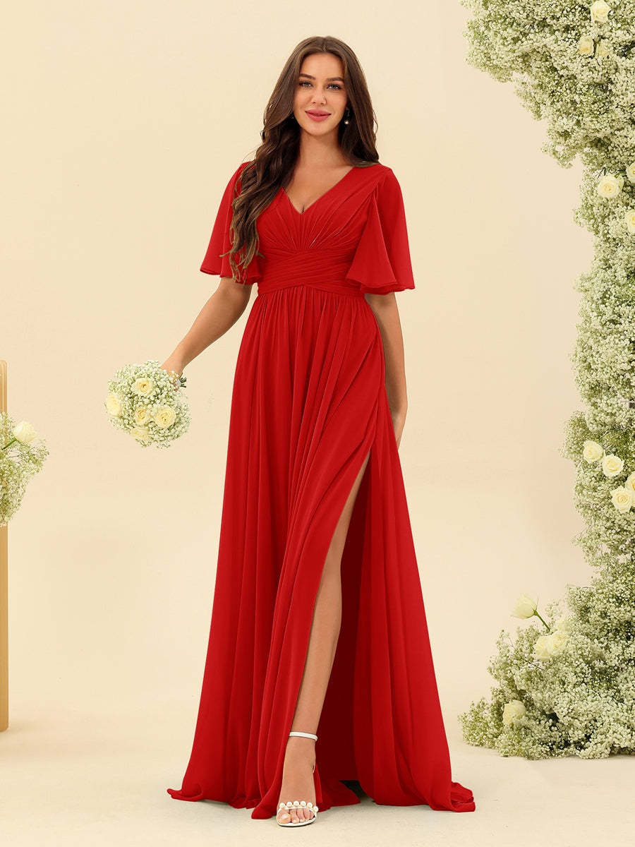V-Neck A-Line Chiffon Bridesmaid Dress with Half Sleeves, Side Split, and Pockets