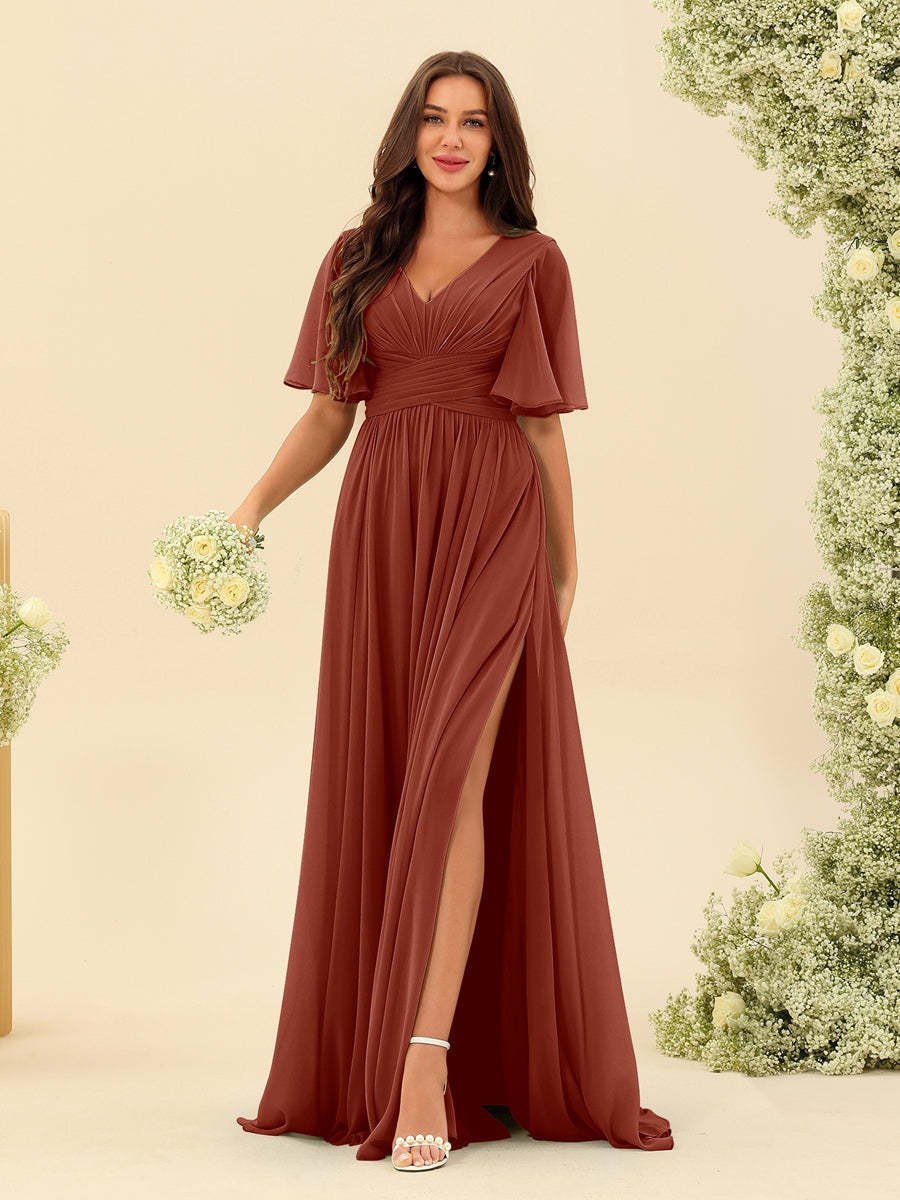 V-Neck A-Line Chiffon Bridesmaid Dress with Half Sleeves, Side Split, and Pockets