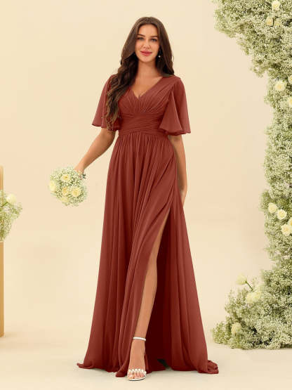 V-Neck A-Line Chiffon Bridesmaid Dress with Half Sleeves, Side Split, and Pockets