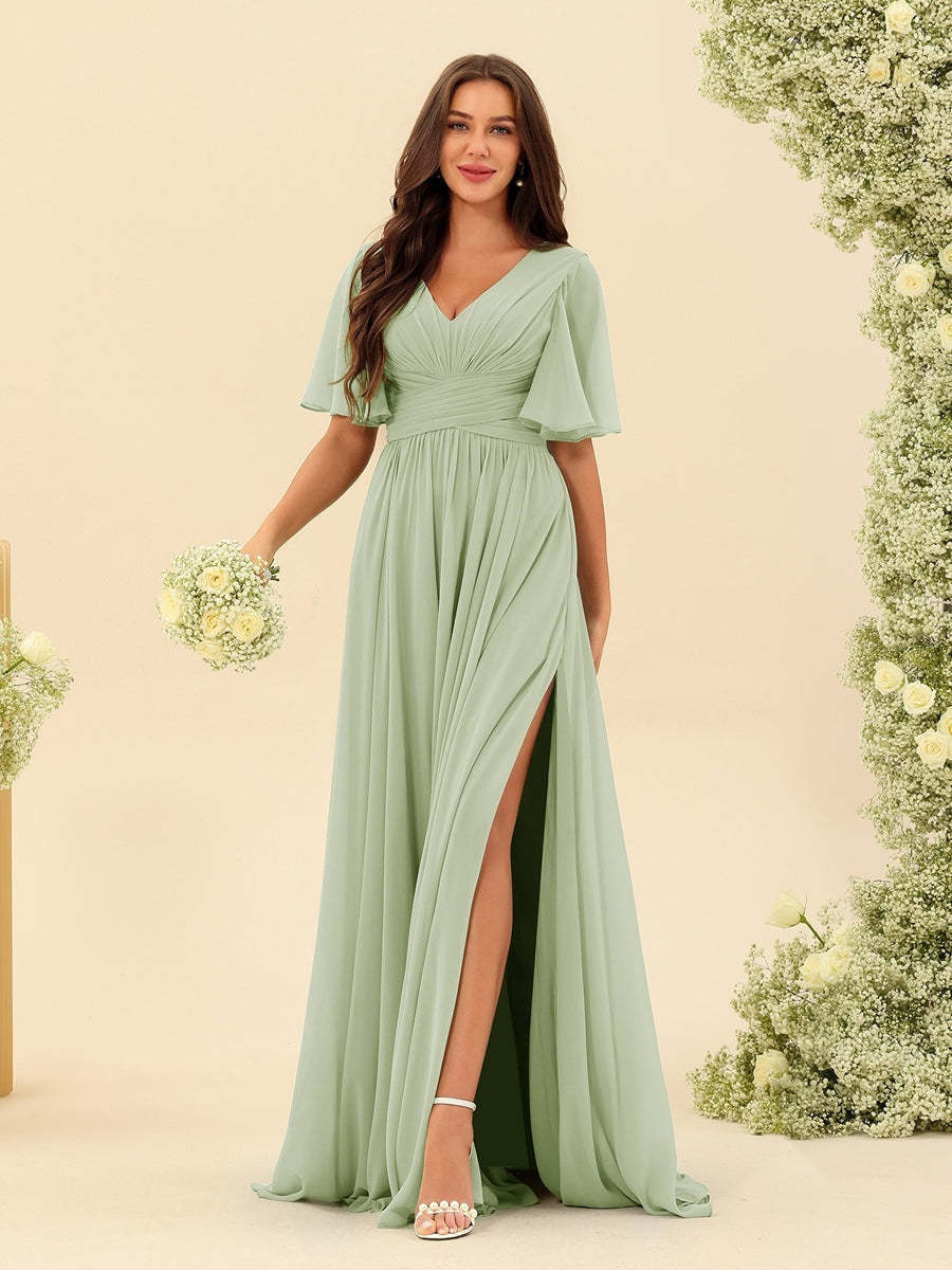 V-Neck A-Line Chiffon Bridesmaid Dress with Half Sleeves, Side Split, and Pockets