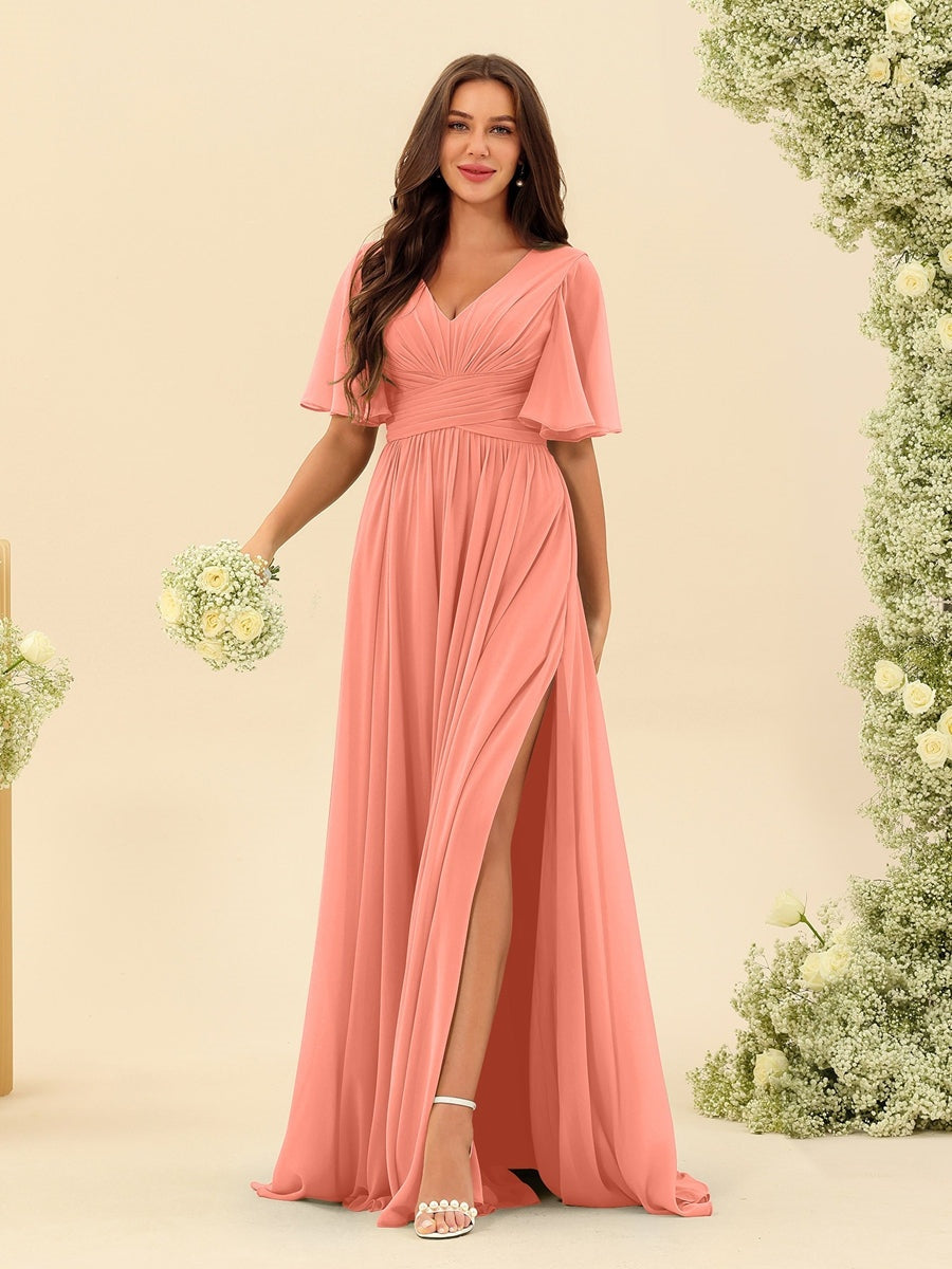 V-Neck A-Line Chiffon Bridesmaid Dress with Half Sleeves, Side Split, and Pockets