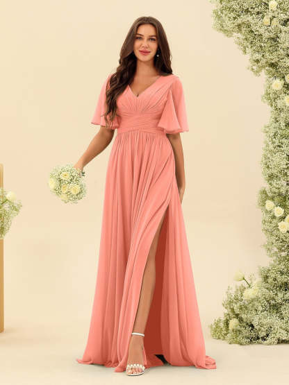 V-Neck A-Line Chiffon Bridesmaid Dress with Half Sleeves, Side Split, and Pockets