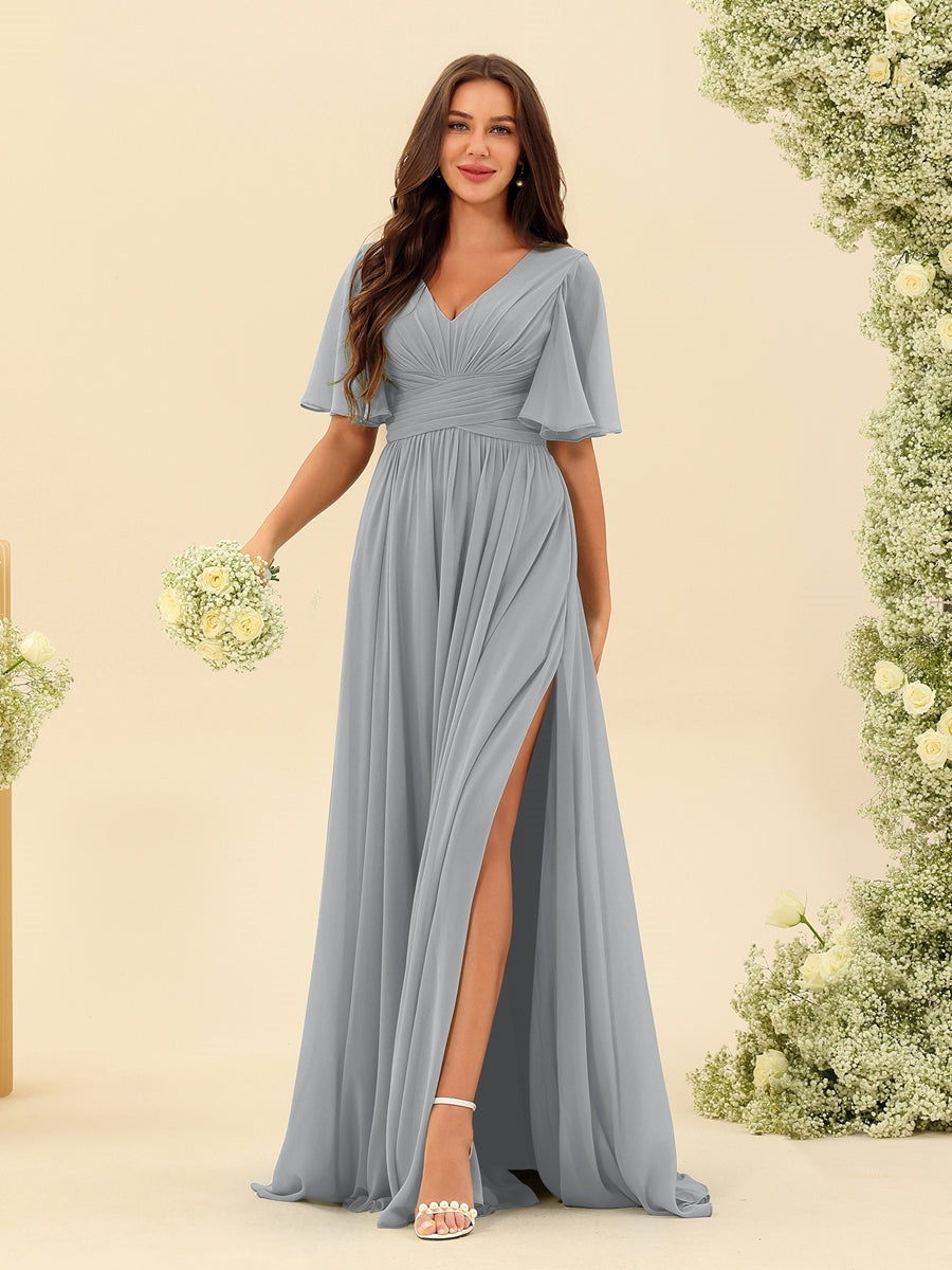 V-Neck A-Line Chiffon Bridesmaid Dress with Half Sleeves, Side Split, and Pockets