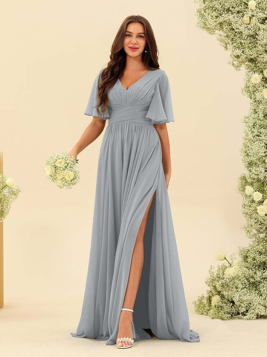 V-Neck A-Line Chiffon Bridesmaid Dress with Half Sleeves, Side Split, and Pockets