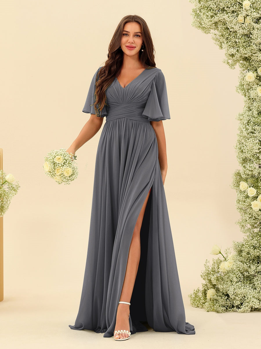 V-Neck A-Line Chiffon Bridesmaid Dress with Half Sleeves, Side Split, and Pockets