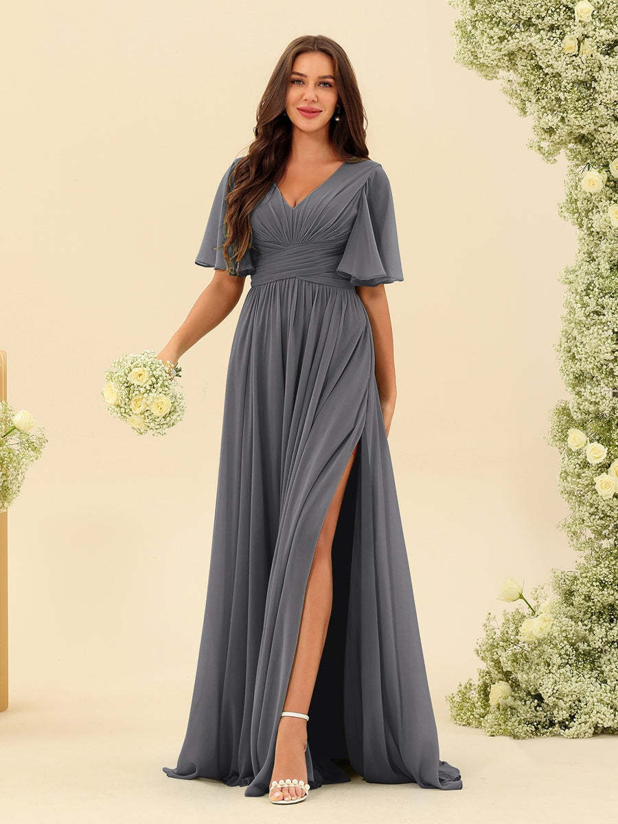 V-Neck A-Line Chiffon Bridesmaid Dress with Half Sleeves, Side Split, and Pockets