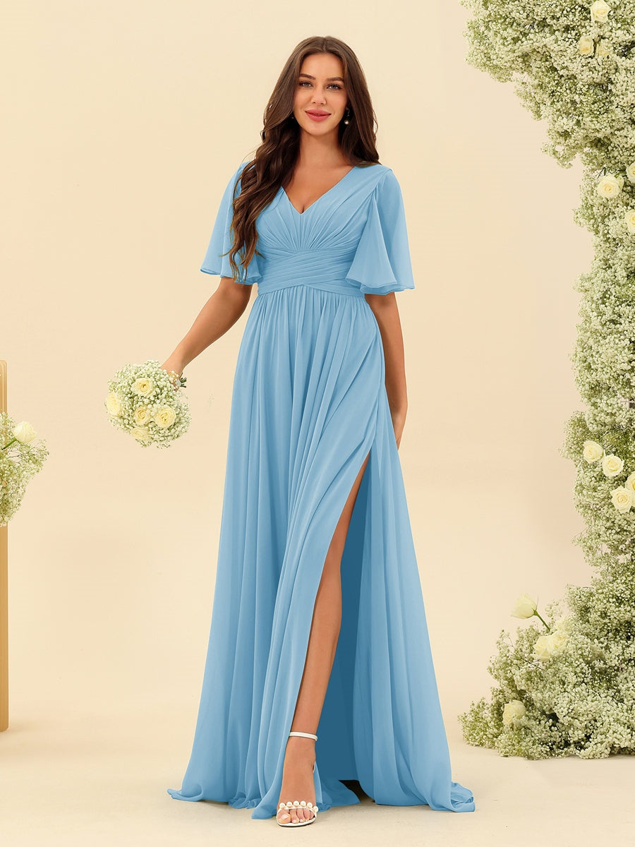 V-Neck A-Line Chiffon Bridesmaid Dress with Half Sleeves, Side Split, and Pockets