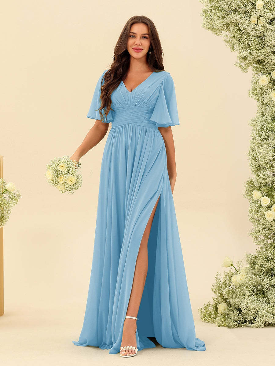 V-Neck A-Line Chiffon Bridesmaid Dress with Half Sleeves, Side Split, and Pockets
