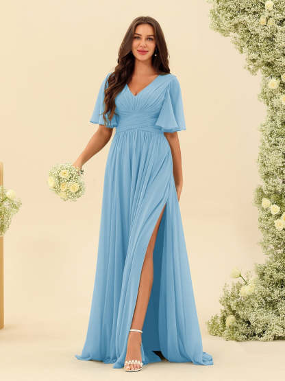 V-Neck A-Line Chiffon Bridesmaid Dress with Half Sleeves, Side Split, and Pockets