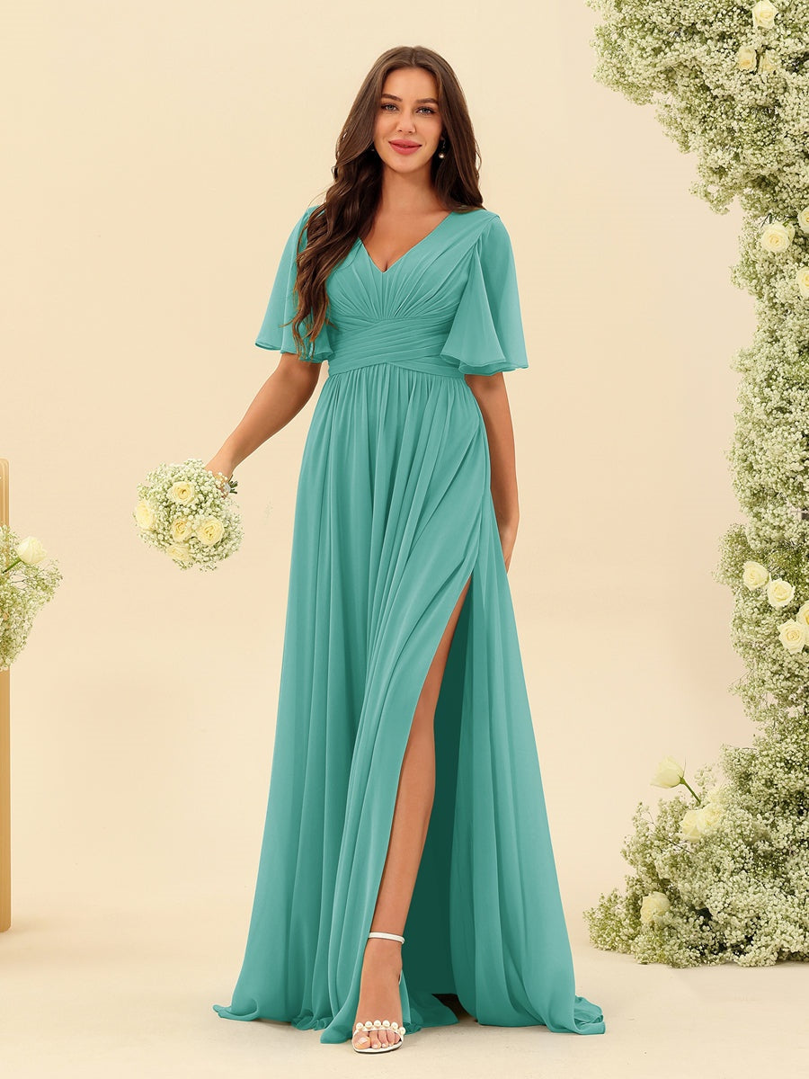 V-Neck A-Line Chiffon Bridesmaid Dress with Half Sleeves, Side Split, and Pockets
