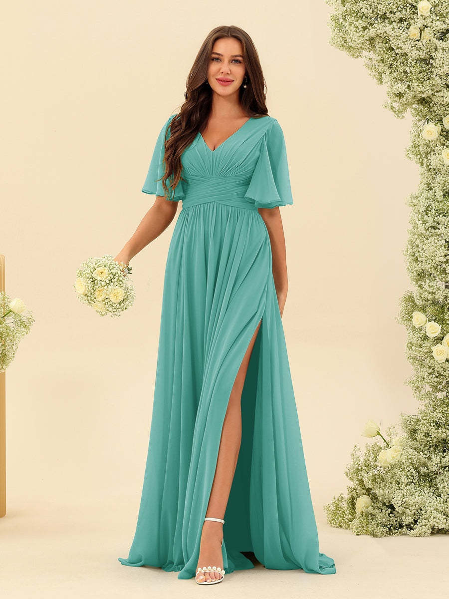 V-Neck A-Line Chiffon Bridesmaid Dress with Half Sleeves, Side Split, and Pockets