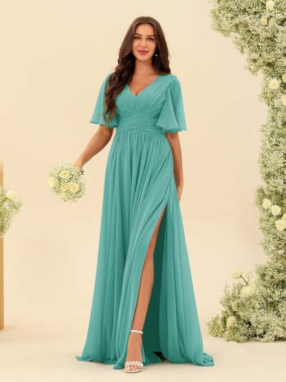 V-Neck A-Line Chiffon Bridesmaid Dress with Half Sleeves, Side Split, and Pockets