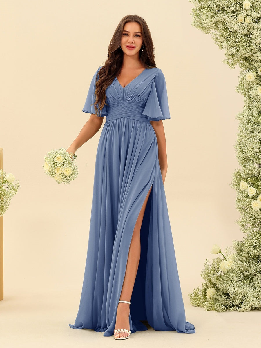 V-Neck A-Line Chiffon Bridesmaid Dress with Half Sleeves, Side Split, and Pockets