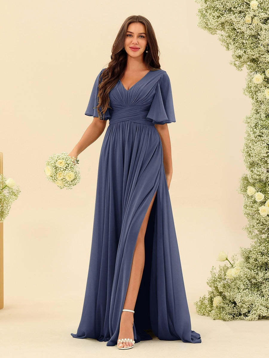 V-Neck A-Line Chiffon Bridesmaid Dress with Half Sleeves, Side Split, and Pockets