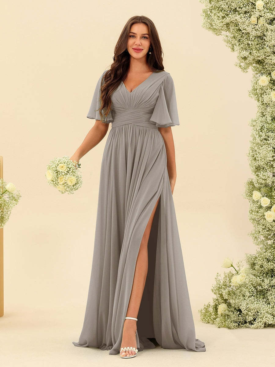 V-Neck A-Line Chiffon Bridesmaid Dress with Half Sleeves, Side Split, and Pockets