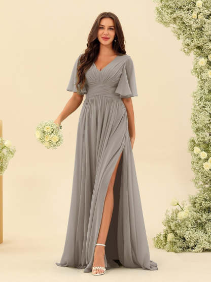 V-Neck A-Line Chiffon Bridesmaid Dress with Half Sleeves, Side Split, and Pockets