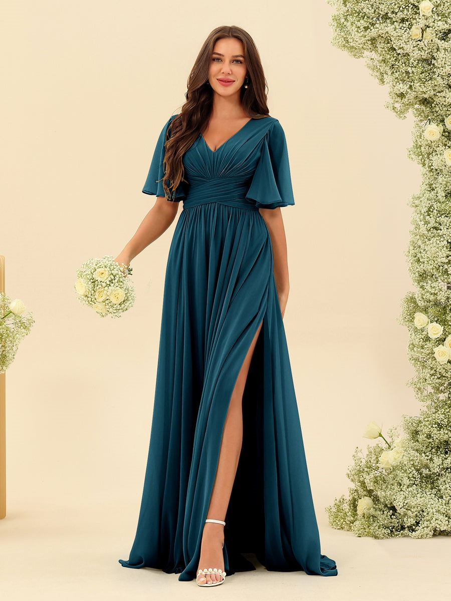 V-Neck A-Line Chiffon Bridesmaid Dress with Half Sleeves, Side Split, and Pockets