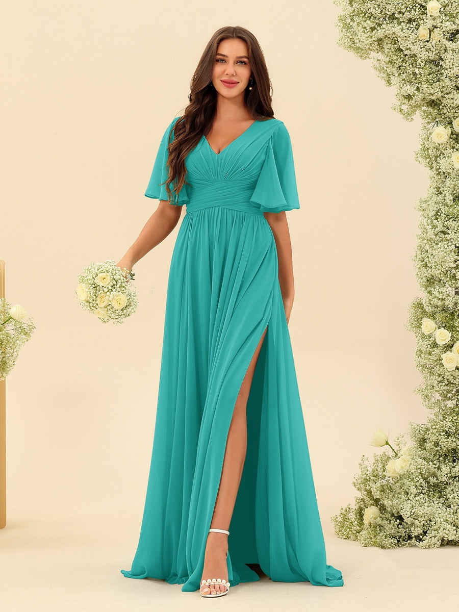 V-Neck A-Line Chiffon Bridesmaid Dress with Half Sleeves, Side Split, and Pockets