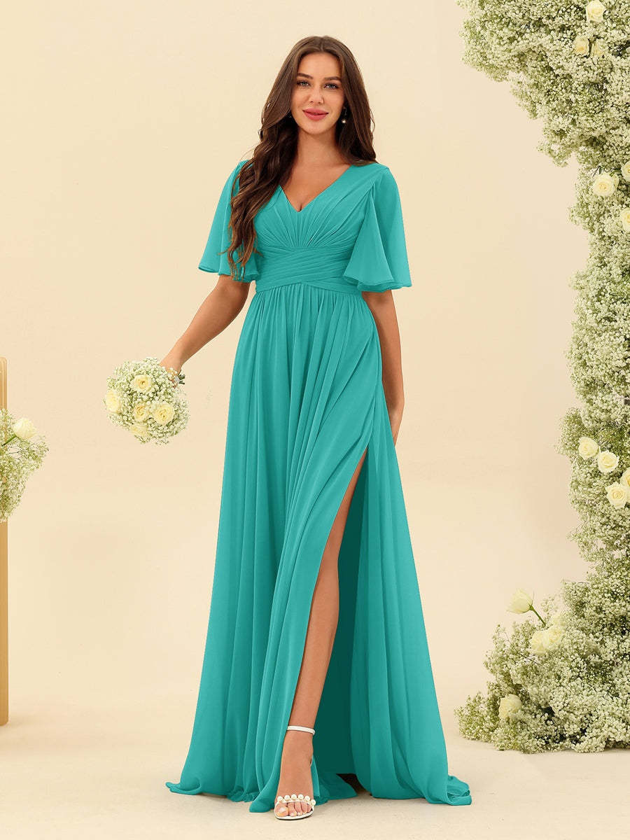 V-Neck A-Line Chiffon Bridesmaid Dress with Half Sleeves, Side Split, and Pockets