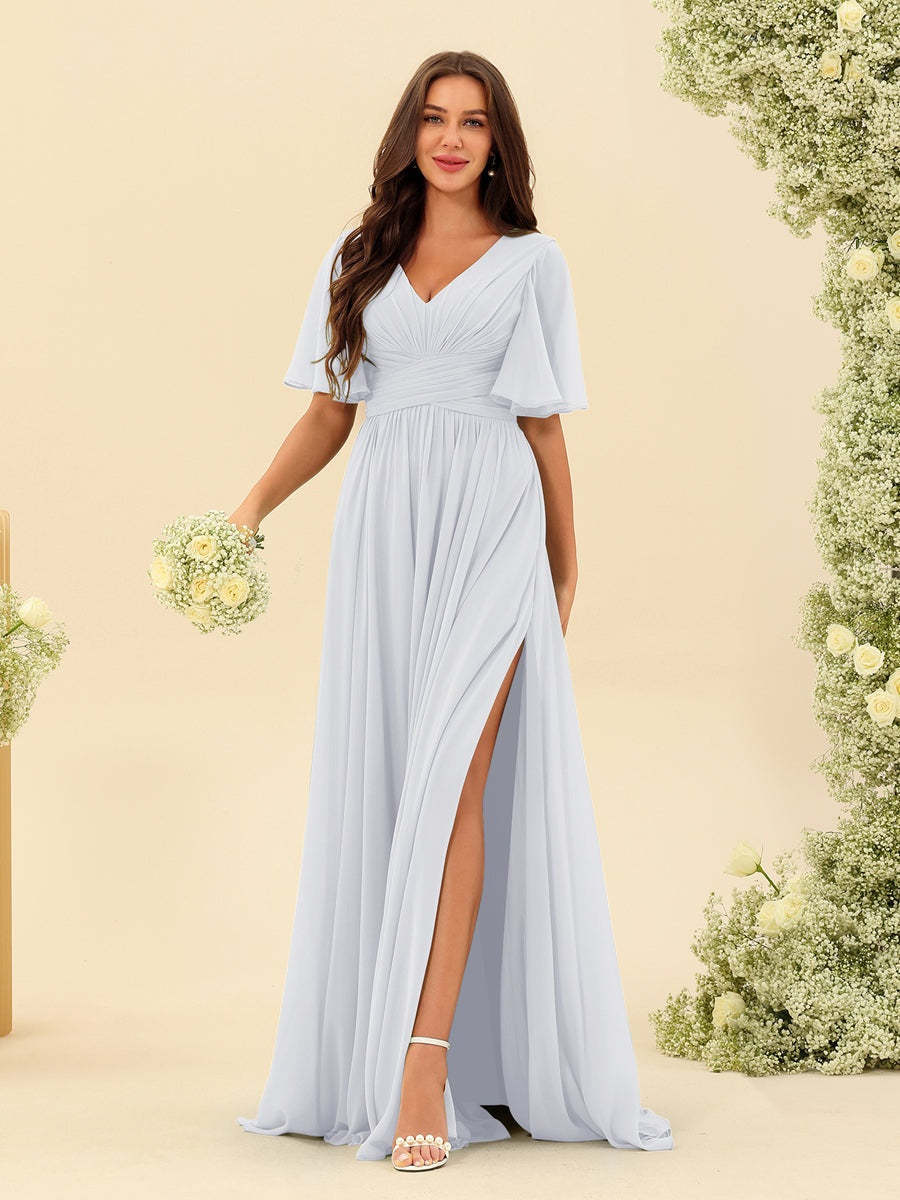 V-Neck A-Line Chiffon Bridesmaid Dress with Half Sleeves, Side Split, and Pockets