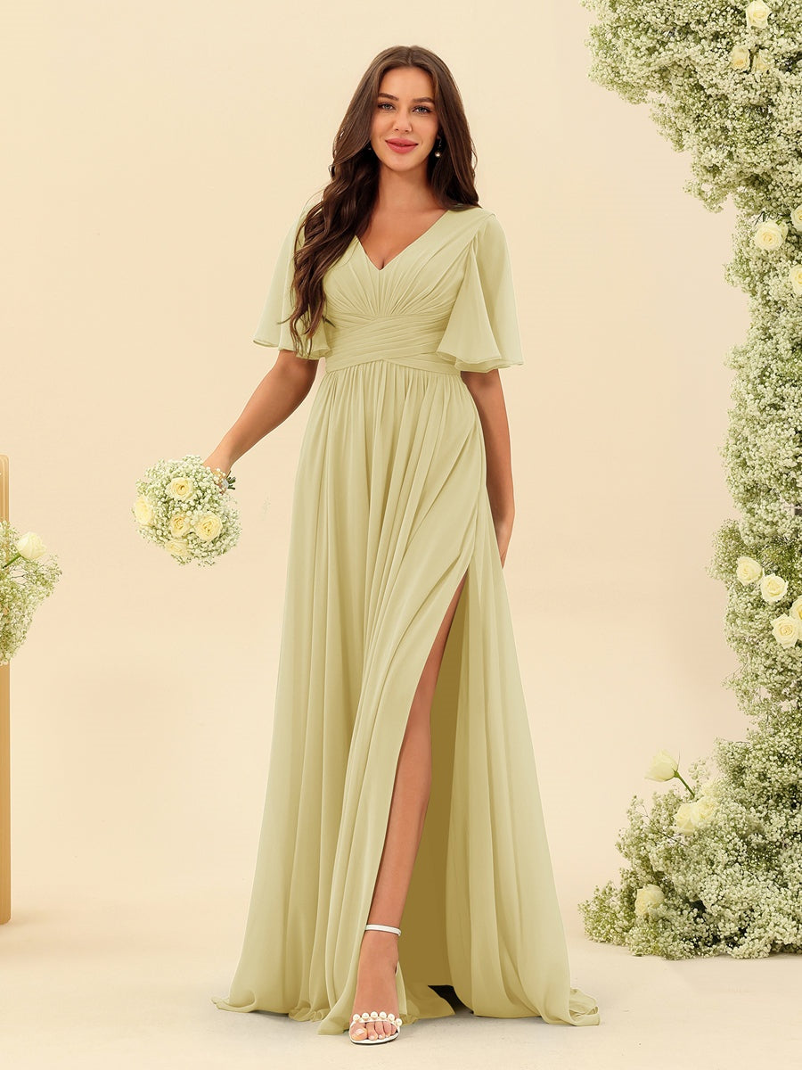 V-Neck A-Line Chiffon Bridesmaid Dress with Half Sleeves, Side Split, and Pockets