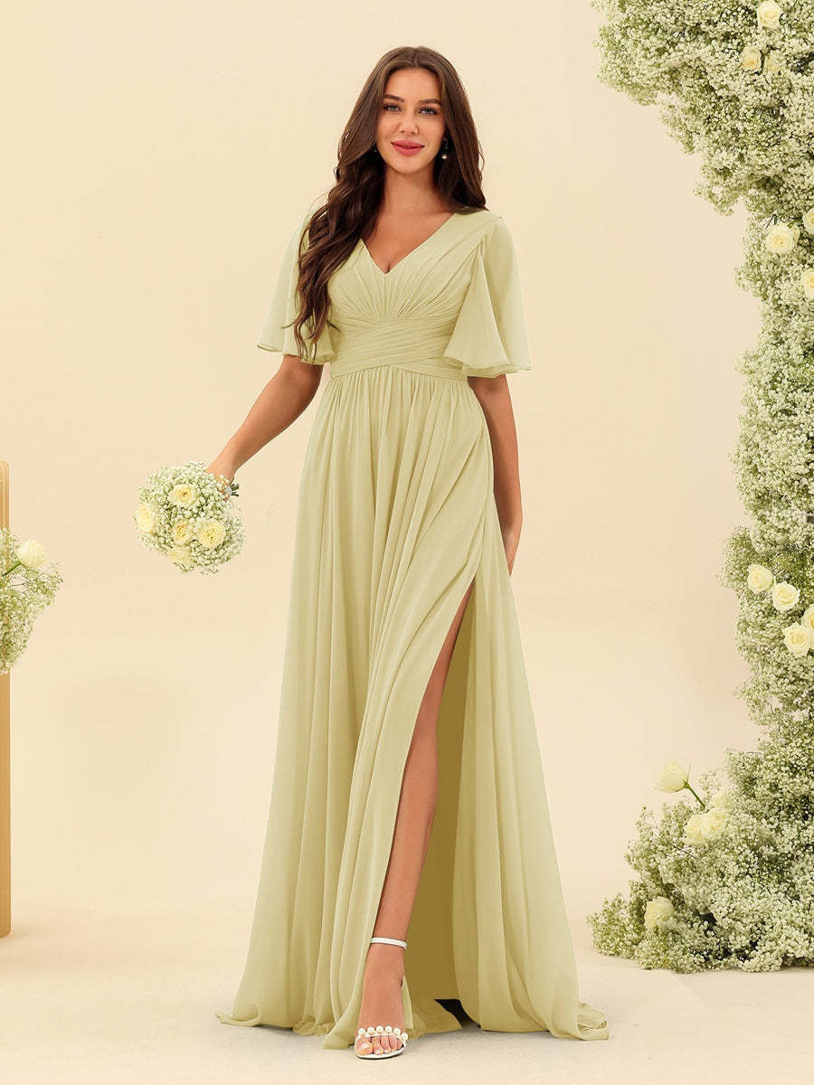 V-Neck A-Line Chiffon Bridesmaid Dress with Half Sleeves, Side Split, and Pockets