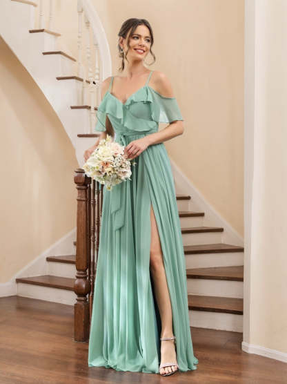 Floor-Length A-Line Bridesmaid Dresses with V-Neck and Spaghetti Straps, Featuring Pockets