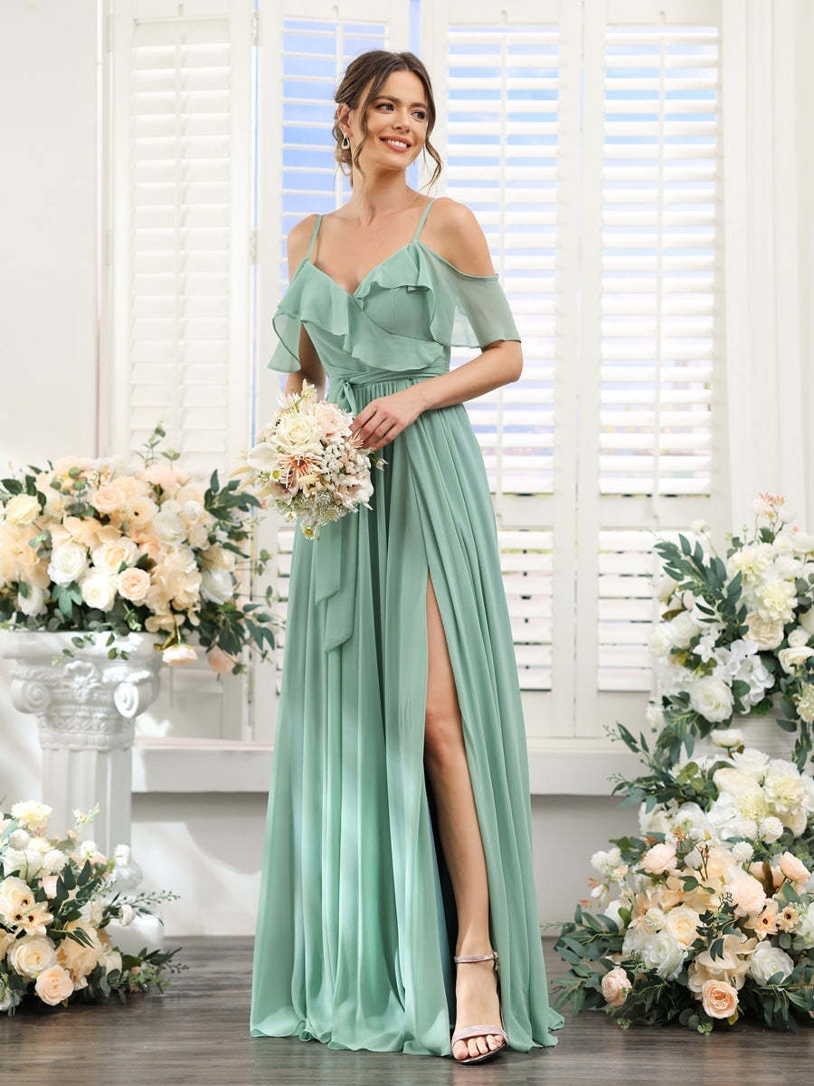 Floor-Length A-Line Bridesmaid Dresses with V-Neck and Spaghetti Straps, Featuring Pockets