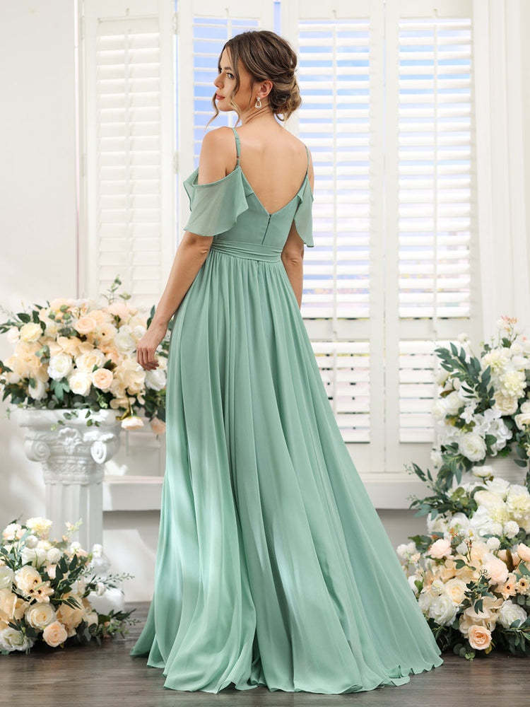 Floor-Length A-Line Bridesmaid Dresses with V-Neck and Spaghetti Straps, Featuring Pockets