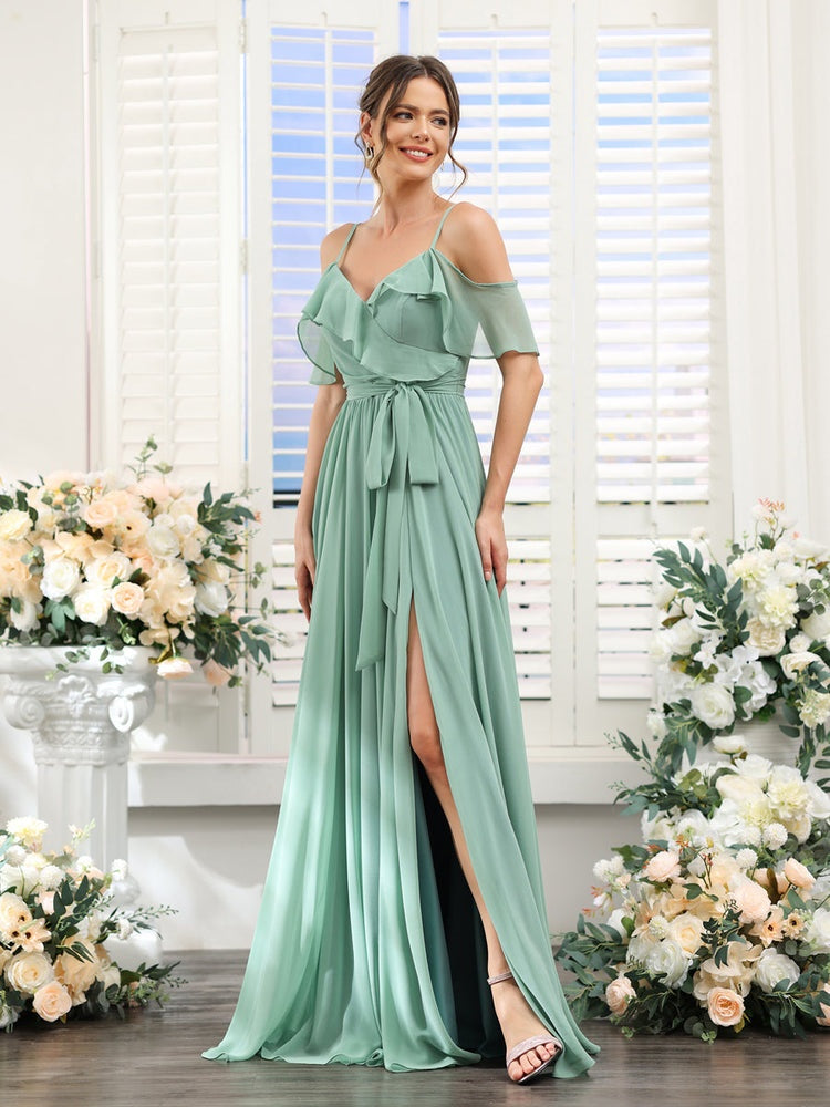 Floor-Length A-Line Bridesmaid Dresses with V-Neck and Spaghetti Straps, Featuring Pockets