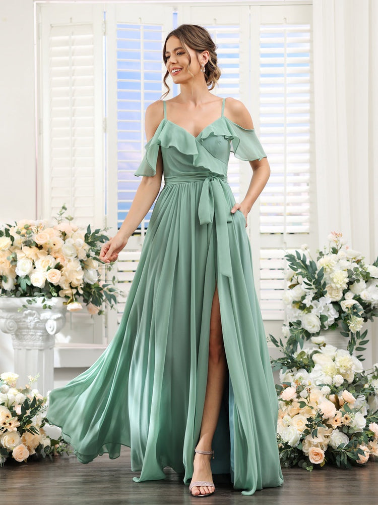 Floor-Length A-Line Bridesmaid Dresses with V-Neck and Spaghetti Straps, Featuring Pockets