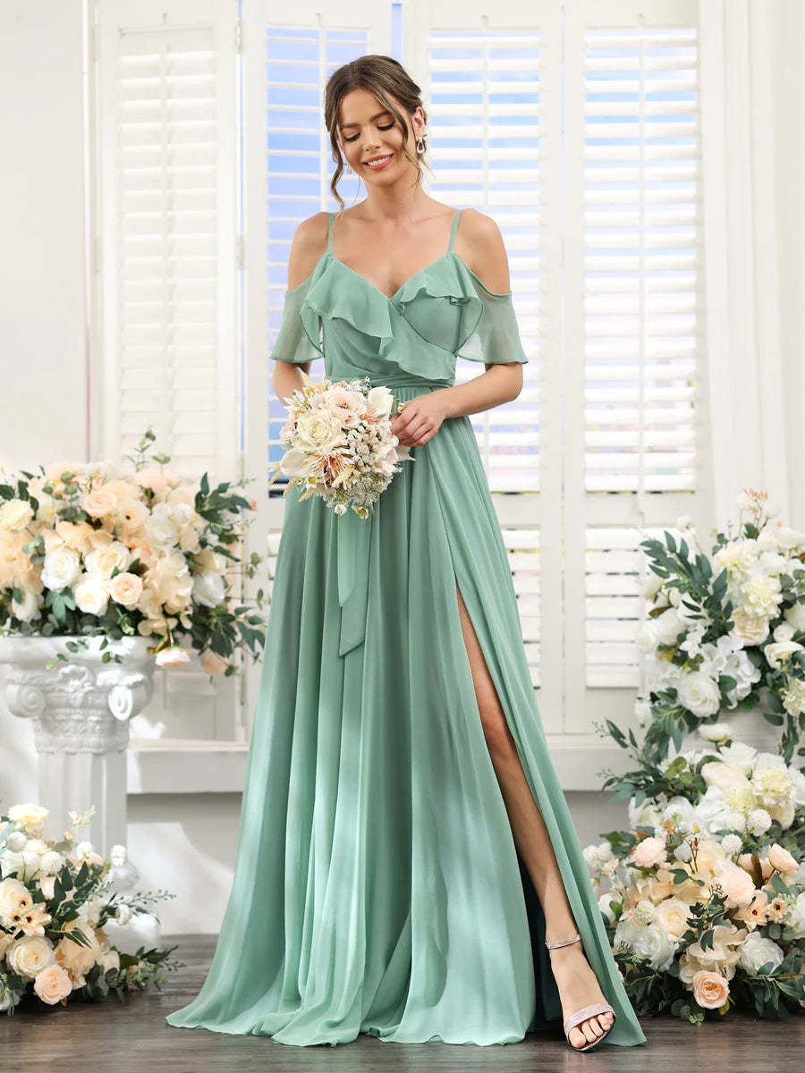 Floor-Length A-Line Bridesmaid Dresses with V-Neck and Spaghetti Straps, Featuring Pockets