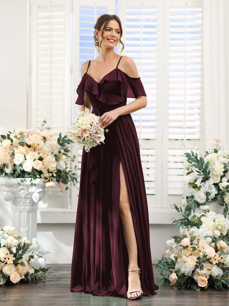 Floor-Length A-Line Bridesmaid Dresses with V-Neck and Spaghetti Straps, Featuring Pockets