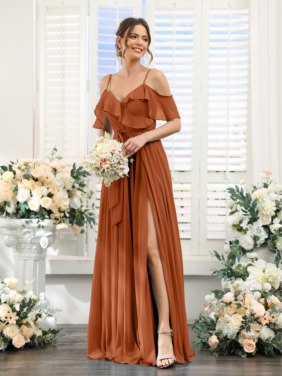 Floor-Length A-Line Bridesmaid Dresses with V-Neck and Spaghetti Straps, Featuring Pockets